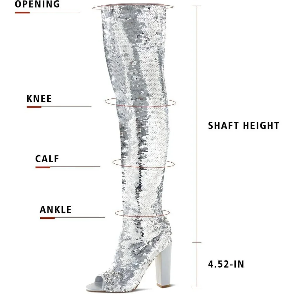 Women Sliver Sequin Over The Knee High Party Prom Open Toe Chunky High Heel Boot